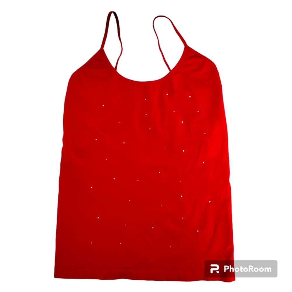 79. Red Spandex Spaghetti Strap Tank Top With White Rine Stones XL